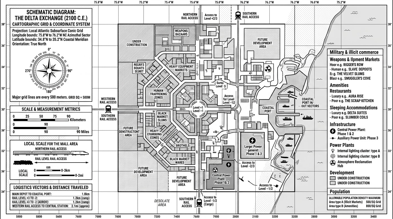 The Delta Exchange (2100 C.E.) — cartographic schematic map from the standalone works