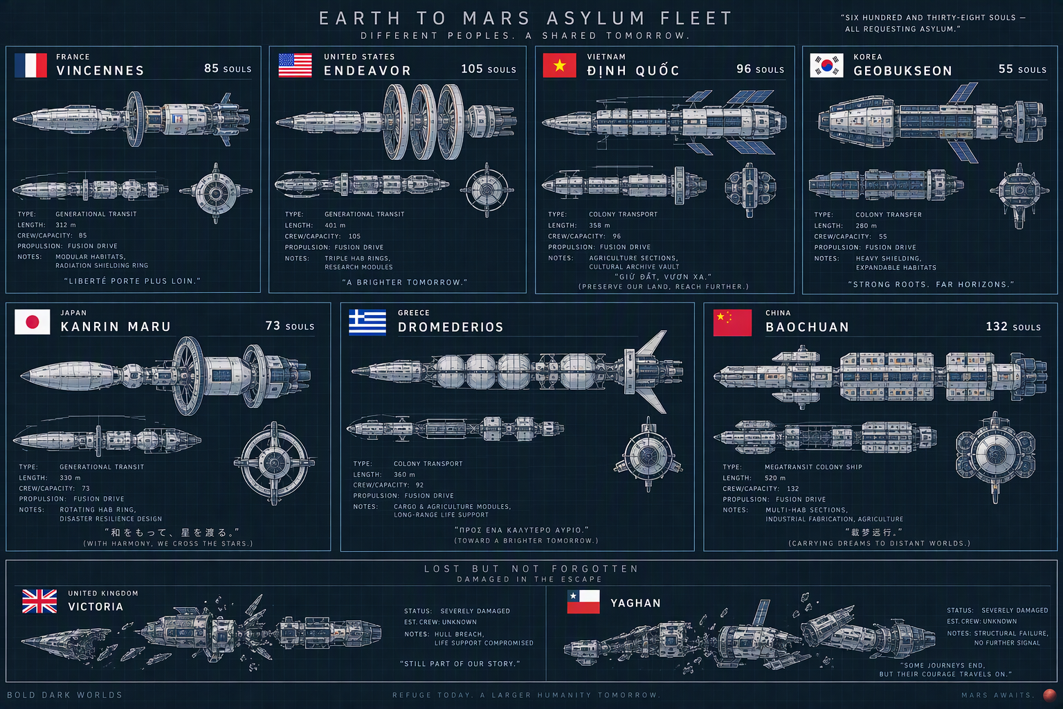 Mars Asylum Fleet — all nine colony ship schematics, Phase I prototypes and Phase II final vessels