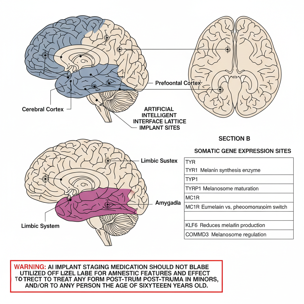 Artificial Intelligence Interface Lattice Implant Sites — cerebral cortex, prefrontal cortex, limbic system, amygdala highlighted; Section B somatic gene expression sites including TYR, TYRP1, MC1R, KLF6, COMMD3