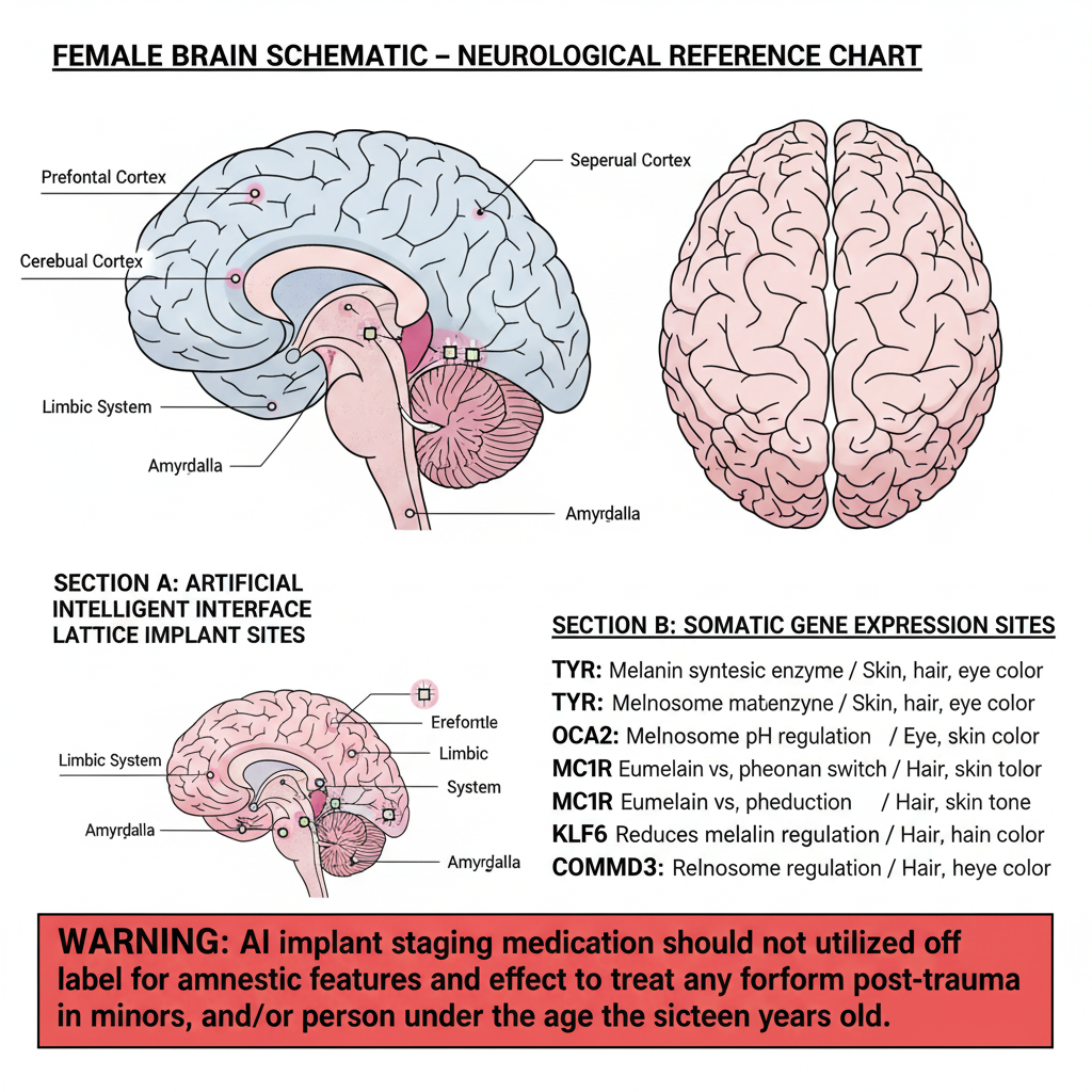 Female Brain Schematic — Neurological Reference Chart; Section A AI interface lattice implant sites; Section B somatic gene expression sites including TYR, OCA2, MC1R, KLF6, COMMD3