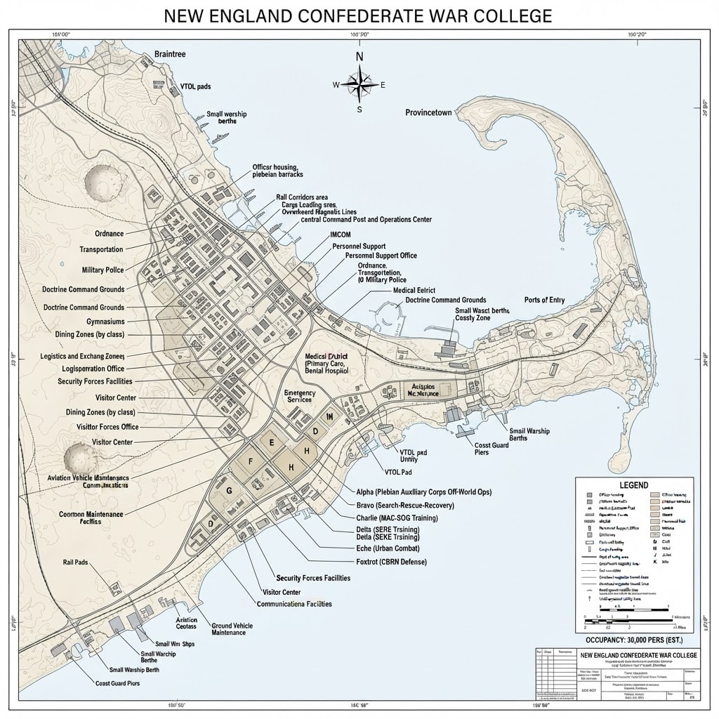 New England Confederate War College — military installation map, Cape Cod area, 30,000 personnel